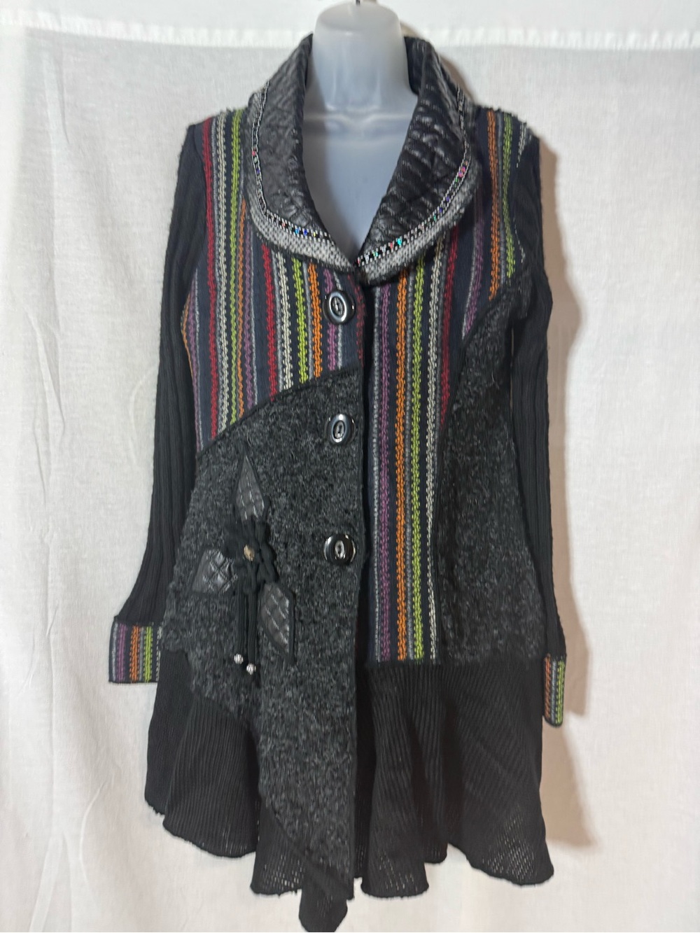 Liquid by sioni Artsy funky Black Cardigan with Colorful Vertical Stripe Sz M